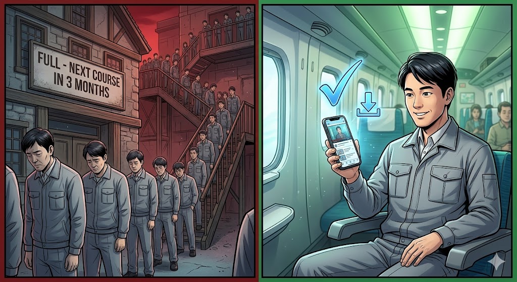 満席で数ヶ月待ちの会場講習に並ぶエンジニアと、新幹線で快適にスマホ受講するエンジニアの比較
