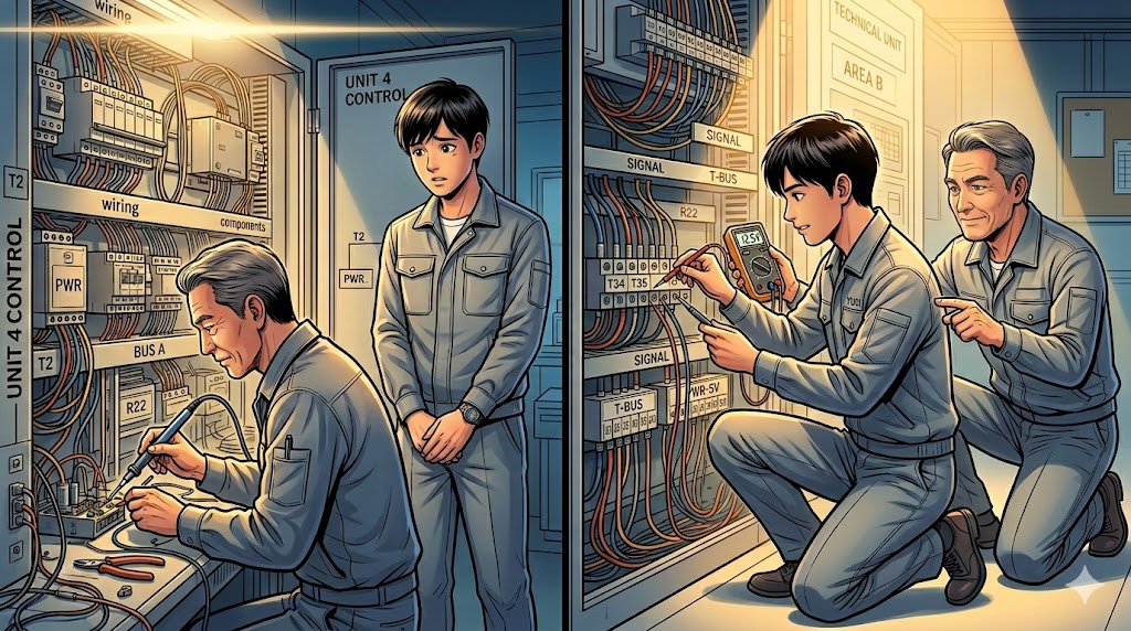 特別教育を受けておらず制御盤の前でただ見ているだけの地蔵になる新人と、堂々とテスターで測定を手伝う有資格者の新人の対比