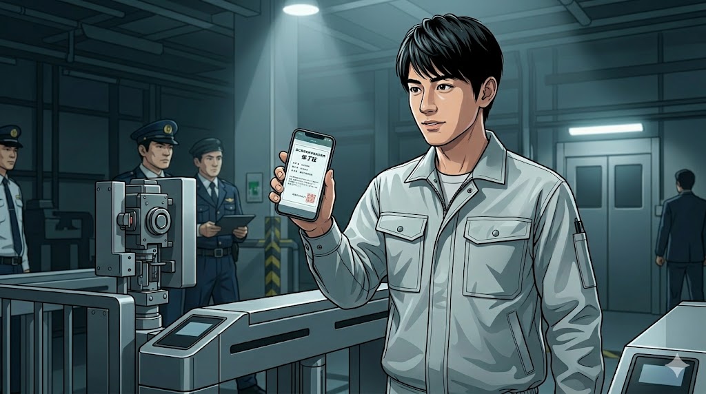 現場の入場ゲート前で、スマホに表示された低圧電気取扱業務特別教育のWeb修了証を提示し、安堵する若い男性エンジニア