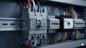 制御盤の主幹に設置された大容量ブレーカー（MCCB：配線用遮断器）のクローズアップ写真