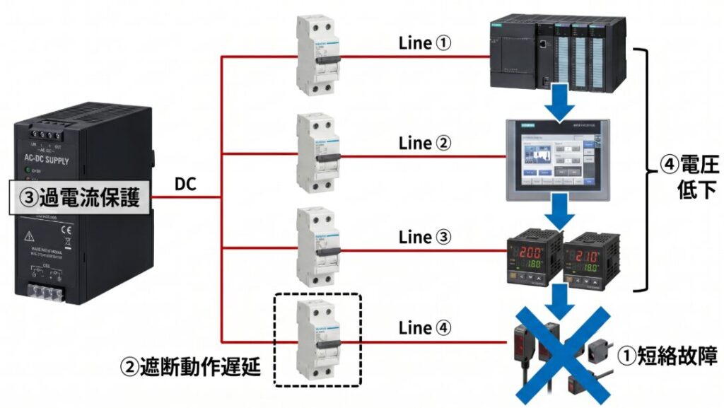 メカ式CPを使用した二次側DC回路で短絡故障が発生した際の、全落ち（道連れリセット）のメカニズム図解。①末端のセンサーで短絡が起きても、②メカ式CPの遮断動作が物理的に遅れるため、③先に大元のパワーサプライの過電流保護が作動。結果として、④正常な回路に繋がるPLCやタッチパネルを含めた全体の電圧低下を引き起こす危険性を解説しています。