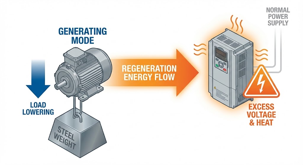 モーターの回生運転時のエネルギーフロー図。重量物を巻き下げて発電機となったモーターから、インバータへ向けて大きな電気エネルギーの矢印が逆流し、インバータが過熱している様子を示すクリーンなイラスト。