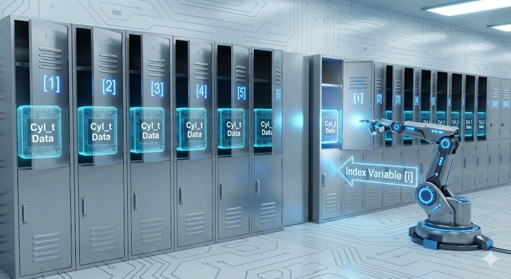 PLCの配列（Array）を説明するための概念図。同じ形をしたデータボックスが、番号（インデックス）が振られたロッカーのように一列に整然と並んでいる様子。「Cyl[1]」「Cyl[2]」と順番にアクセスでき、変数[i]で指定できることを示している。