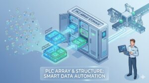 バラバラのPLC変数が、構造体（お弁当箱）と配列（ロッカー）によって自動的に整理整頓され、スマートな工場の生産ラインへと流れていく様子を描いたアイキャッチ画像。
