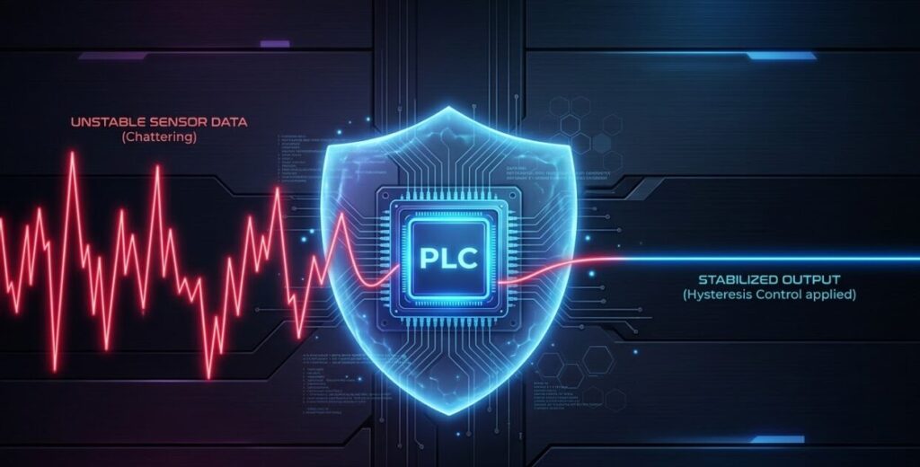 数値を支配する比較命令と四則演算で作るヒステリシス制御。不安定なセンサーの揺らぎ（チャタリング）をPLCのプログラムが防ぎ、出力を安定化させる概念図を描いたアイキャッチ画像。