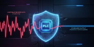 数値を支配する比較命令と四則演算で作るヒステリシス制御。不安定なセンサーの揺らぎ（チャタリング）をPLCのプログラムが防ぎ、出力を安定化させる概念図を描いたアイキャッチ画像。