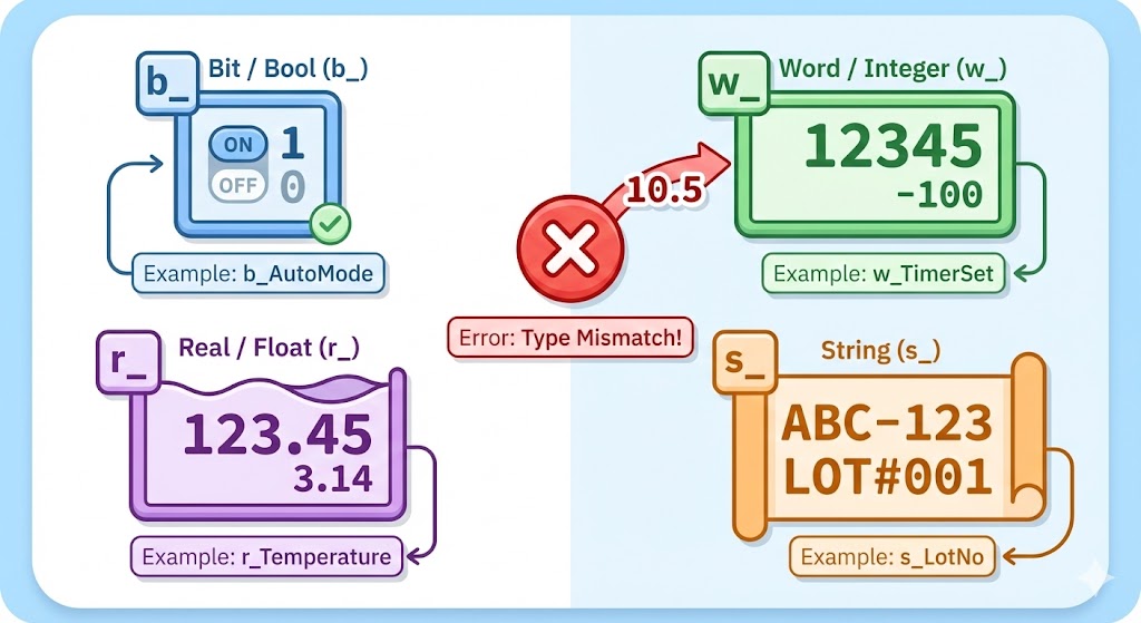 PLCのデータ型とプレフィックスの関係を示す図解。ビット型（b_）はON/OFFスイッチ、整数型（w_）は整数が入る箱、実数型（r_）は小数がアイル箱、文字列型（s_）はテキストが入る巻物として描かれ、それぞれに具体的な変数名の例が示されている。型が違うデータを入れようとするとエラーになる様子も警告アイコンで表現。