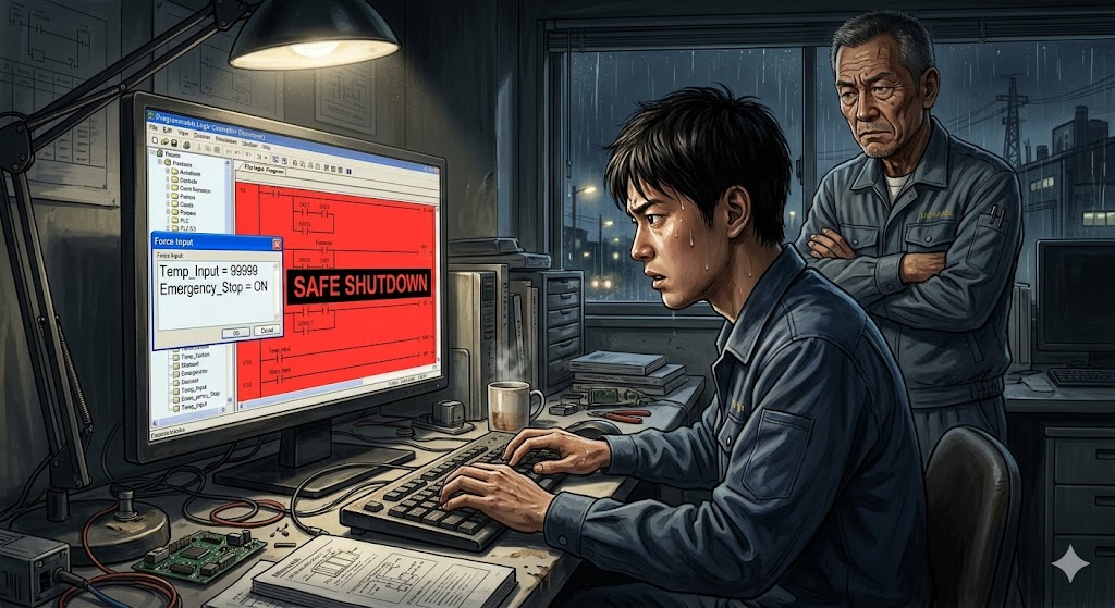 PLCシミュレータ画面で、冷や汗をかいた新人エンジニアが「温度99999」といったあり得ない「意地悪な入力」を強制的に行い、安全にシャットダウンするかを確認している様子。背後で厳しく見届けるベテランエンジニア。