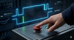 産業用操作パネルのボタンを押す指と、それによって発生するデジタルパルス波形の概念図。エッジ検出（立ち上がりパルス）の実務を象徴するアイキャッチ画像。