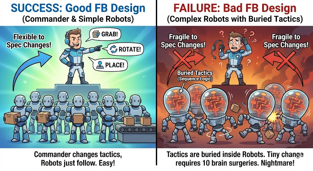 PLCプログラミングにおけるFB設計の良し悪しを「ロボットと司令官」に例えた比較イラスト。左側(成功例)は、賢い司令官(ラダー)が単純な命令を出し、量産型ロボット(FB)がそれに忠実に従う様子。「仕様変更に強い」と示されている。右側(失敗例)は、ロボットの脳内に複雑な作戦(シーケンス)が埋め込まれており、司令官が困惑している様子。「仕様変更で地獄を見る」と警告されている。