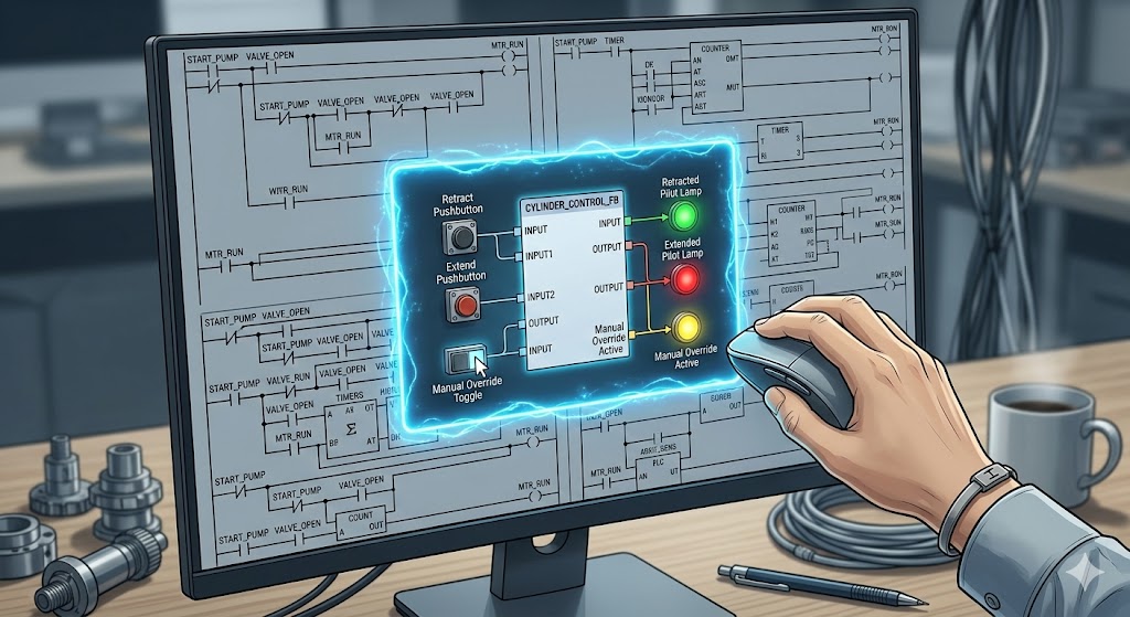 PLC設計ソフトの画面上で、複雑なプログラム全体から一つの「シリンダ制御FB」だけが青い光の障壁で隔離（サンドボックス化）され、仮想のスイッチを使って単体テストされている様子。