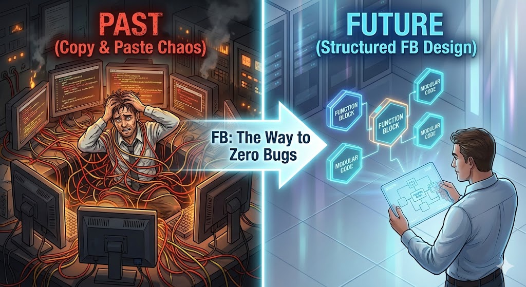 左側はスパゲッティコードと絡まった配線に苦しむエンジニア（過去のコピペ地獄）、右側は整理されたファンクションブロック（FB）のモジュールを使って自信を持って設計するエンジニア（未来の構造化設計）。PLCプログラミングの進化を対比させたアイキャッチ画像。