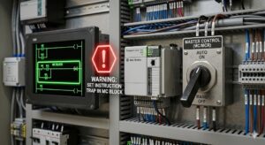 PLCのMC/MCR（マスターコントロール）命令によるブロック制御と手動・自動切り替え、SET命令の罠を象徴するアイキャッチ画像。PLC、ラダー図、巨大なスイッチ、警告アイコンが描かれている。