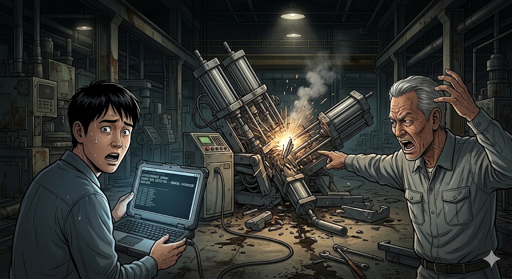 未検証のPLCプログラムを実機に転送して動かし、シリンダ同士を激突させてしまいパニックになる新人エンジニアと、その横で激怒する厳格なベテランエンジニア。現場デバッグの危険性を表したイラスト。