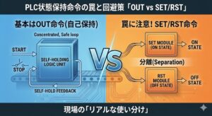 PLCの状態保持におけるOUT命令（集中制御）とSET/RST命令（分離制御）の構造的違いを比較した概念図。ブログ記事「PLC状態保持命令の罠と回避策 OUT vs SET/RST」のアイキャッチ画像。