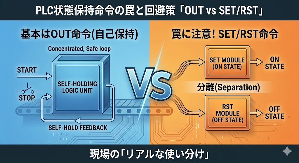 PLCの状態保持におけるOUT命令（集中制御）とSET/RST命令（分離制御）の構造的違いを比較した概念図。ブログ記事「PLC状態保持命令の罠と回避策 OUT vs SET/RST」のアイキャッチ画像。