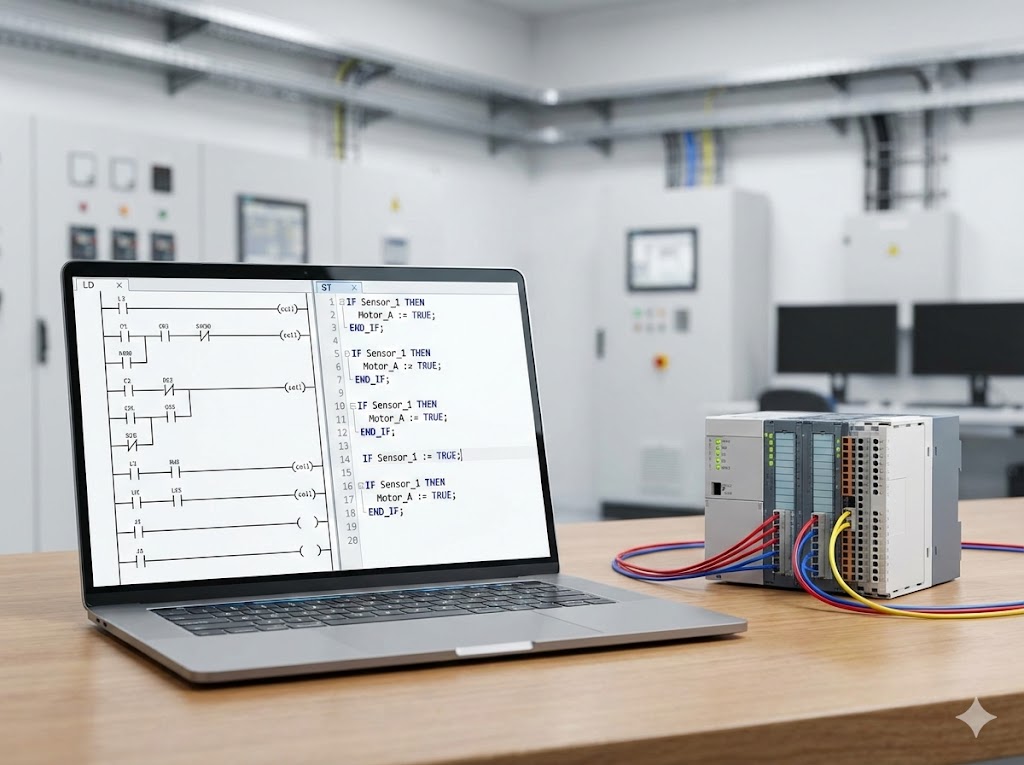 プロフェッショナルなPLC設計者のデスク。画面にラダー図とST言語が並んで表示されており、隣には実物のPLCユニットと配線が置かれている。現代的なハイブリッド設計をイメージしたアイキャッチ。