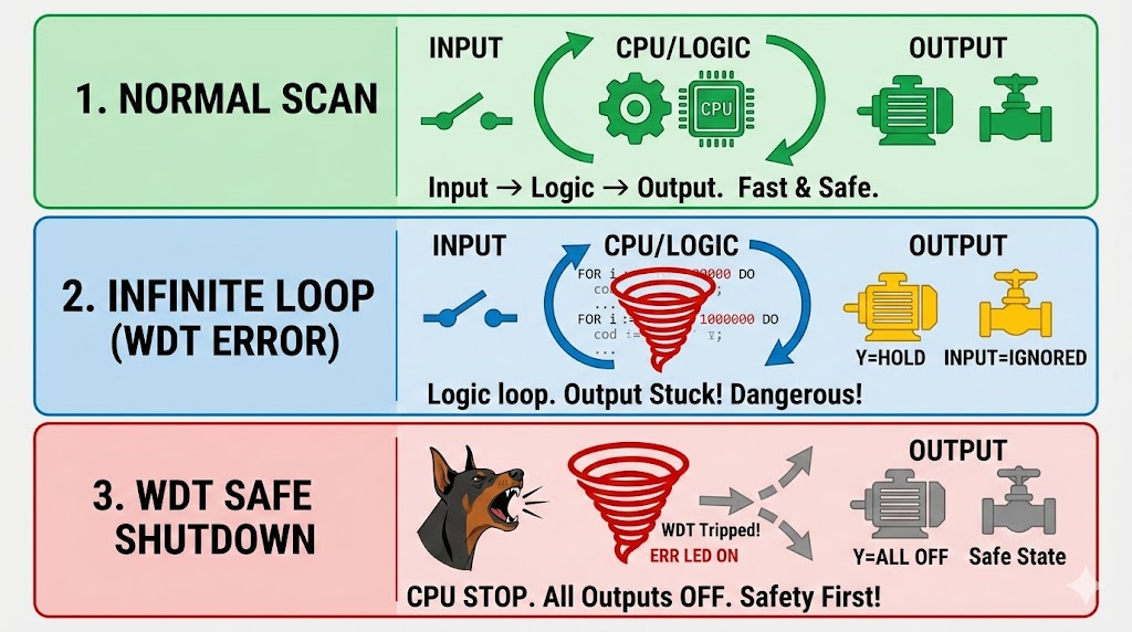 PLCのスキャンサイクル概念図。正常スキャン、無限ループ(WDTエラー)、WDTによる安全停止(出力全OFF)の3パネル構成。ドーベルマン(WDT)の吠え声と赤い渦巻きで暴走を表現。