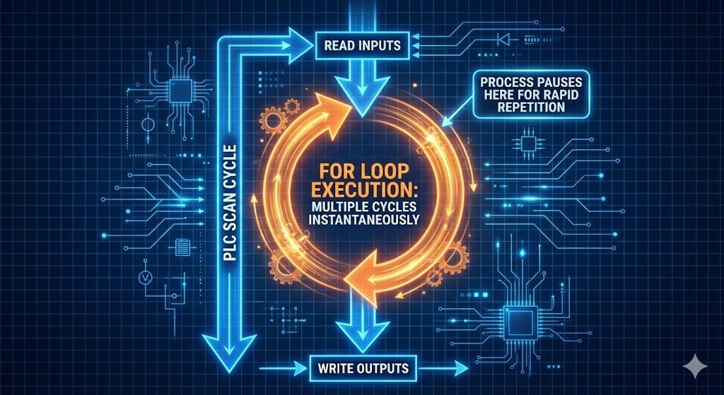 PLCの通常のスキャン（上から下へ流れる処理）の中で、FOR文の箇所だけが一瞬の間に指定回数ぐるぐると高速回転して処理されている様子を示した概念図。