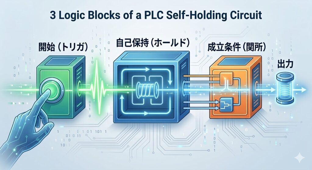 シーケンス制御の絶対基礎「自己保持回路」の3つの論理ブロック（開始・保持・成立条件）を、具体的なイラストを排除した抽象的なブロック図と、主要な日本語テキストで視覚化した、クリーンなアイキャッチ画像。