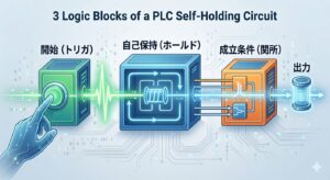 シーケンス制御の絶対基礎「自己保持回路」の3つの論理ブロック（開始・保持・成立条件）を、具体的なイラストを排除した抽象的なブロック図と、主要な日本語テキストで視覚化した、クリーンなアイキャッチ画像。