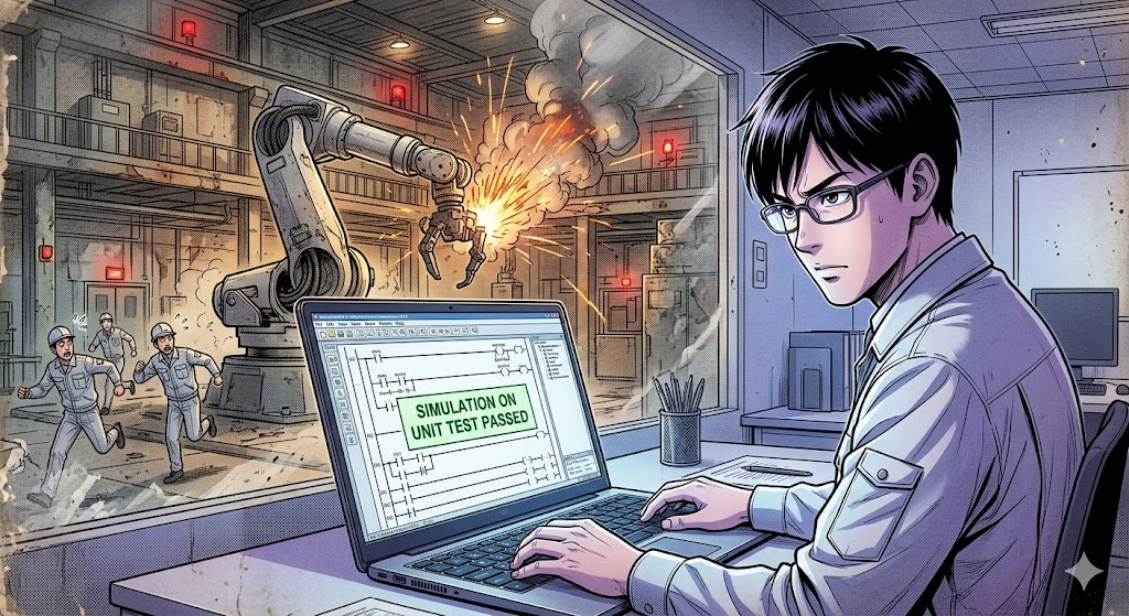 PLCシミュレータを使って机上で単体テストを冷静に行う新人エンジニア。ガラス仕切りの向こう、未検証プログラムで暴走し火花を散らす巨大なロボットアームと、逃げるエンジニアたちのドラマチックな対比。
