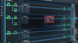 自己保持の地獄から脱却！Dレジスタで作るステートマシン歩進制御の型。プロフェッショナルなPLCラダープログラムの画面を背景にしたアイキャッチ画像。