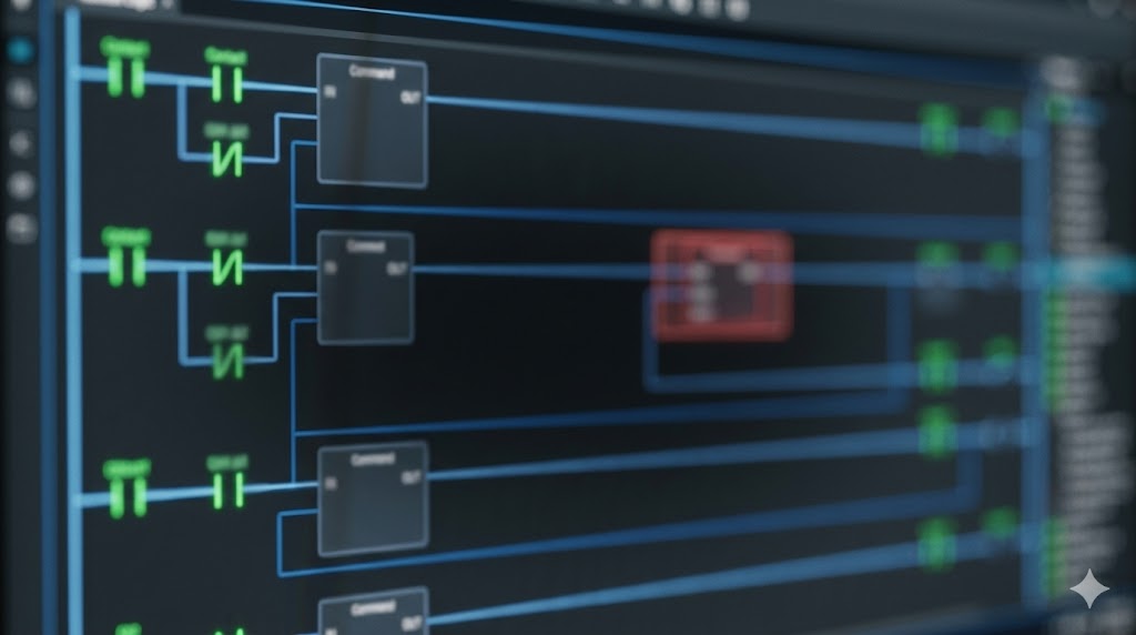 自己保持の地獄から脱却！Dレジスタで作るステートマシン歩進制御の型。プロフェッショナルなPLCラダープログラムの画面を背景にしたアイキャッチ画像。