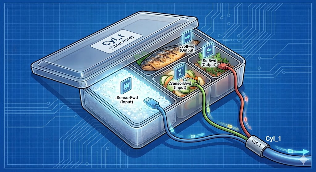 PLCの構造体(DUT)を説明するための概念図。お弁当箱のように、ひとつの箱(Cyl_t)の中に、「SensorFwd」「SensorBwd」「SolFwd」「SolBwd」といった異なる役割のデータが仕切りで分けられて整理されている様子。