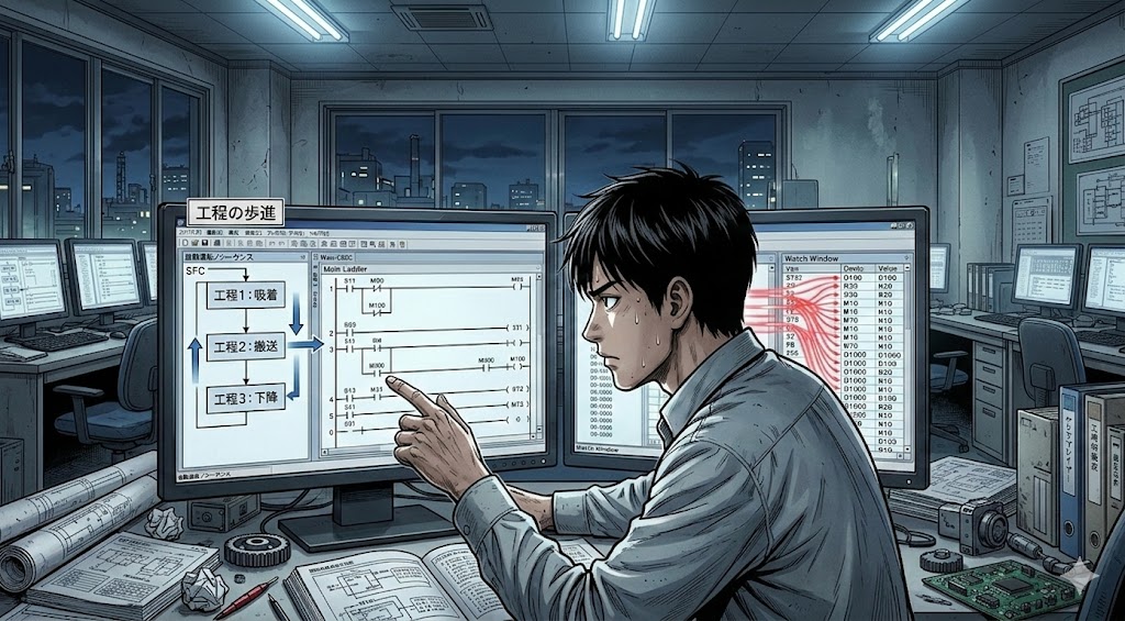 PLC設計ソフトの画面上で、全体の自動運転工程が「歩進テスト（吸着→搬送→下降）」を指差呼称で確認され、ST言語の演算結果のデータの受け渡しが「血の巡り」のようにモニタリング画面上で追跡されている様子。