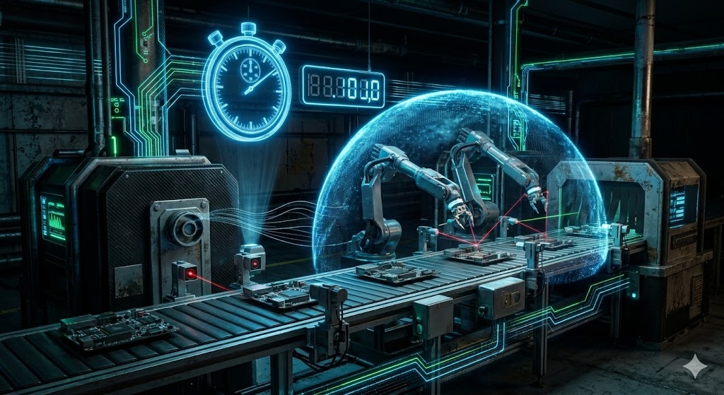 PLCのタイマとカウンタを用いて、コンベアやセンサーの物理的なノイズや遅れをデジタル制御するイメージイラスト。