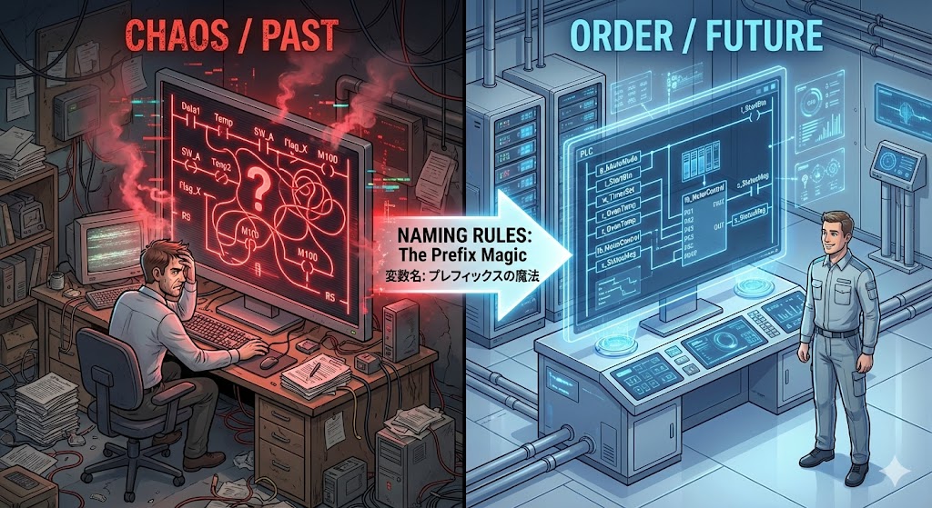 左側は意味不明な変数名（Data1, Tempなど）で混乱するエンジニア（過去のスパゲッティコード）、右側はプレフィックス（g_, i_ など）で整理された変数名を使って自信を持って設計するエンジニア（未来の構造化設計）。PLCの変数命名規則によるビフォーアフターを対比させたアイキャッチ画像。