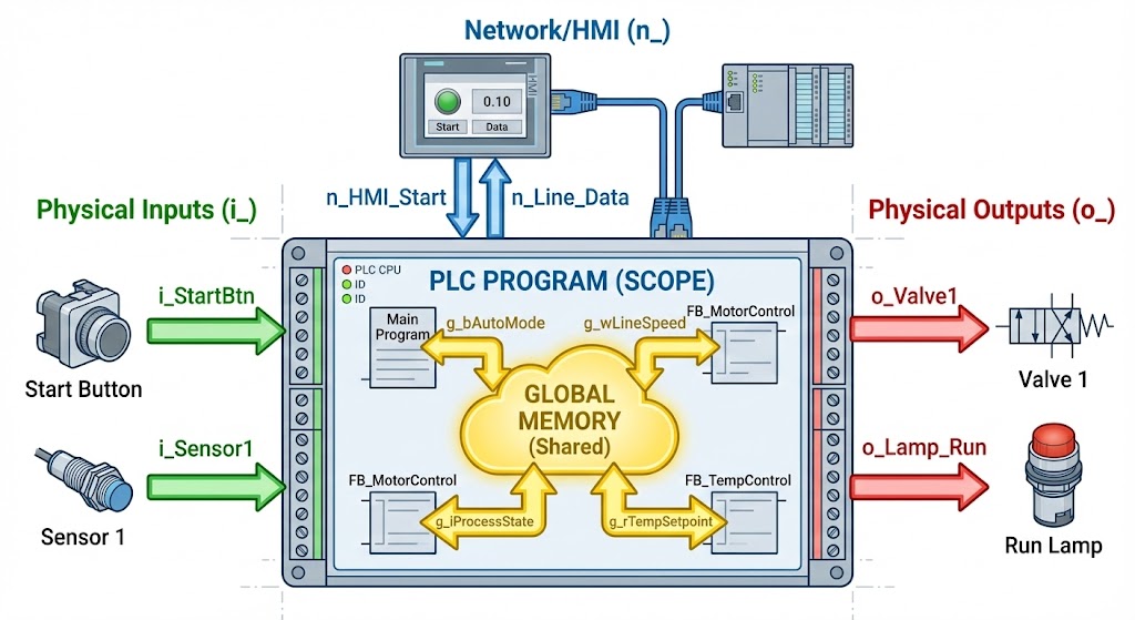 PLCの変数スコープ（有効範囲）とプレフィックスの関係を示す図解。物理的な入力機器からの信号には i_ (Input)、出力機器への信号には o_ (Output)、ネットワーク経由のデータには n_ (Network)、プログラム全体で共有される内部メモリには g_ (Global) という接頭辞が付く様子を、ハードウェア構成図と組み合わせてイラスト化。