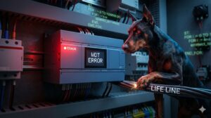 制御盤内に設置された産業用PLCと、その横に座り鋭い眼光で画面を睨むドーベルマン（番犬）。PLCのERROR LEDと画面に「WDT ERROR」の文字。