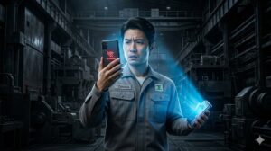 鉄の壁に囲まれた暗い工場内で、圏外のスマホに絶望するFAエンジニアと、解決策として青い光を放つポケットWi-Fiルーター。