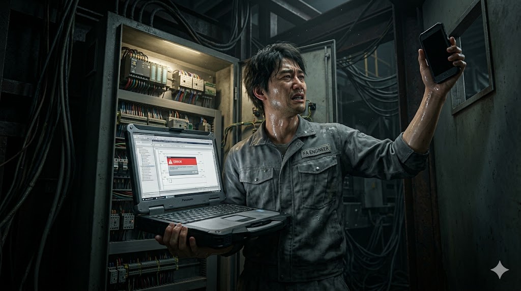 薄暗い工場の制御盤の前で、ノートPCの通信エラー画面と圏外のスマホを交互に見つめ、冷や汗を流しながら絶望するFAエンジニア。