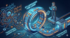 ラダーの複雑な回路図から解放され、ST言語のFOR文（ループ）によって大量のデータが一瞬で整理・処理されていく様子を描いたアイキャッチ画像。