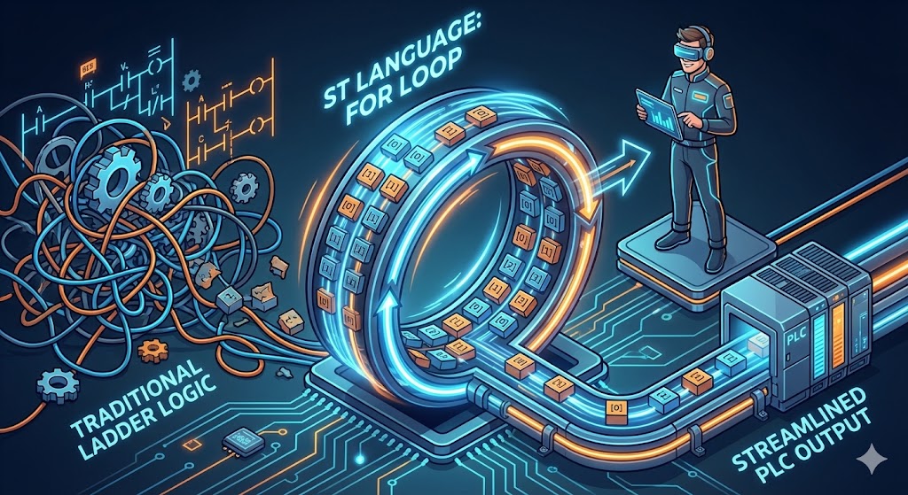 ラダーの複雑な回路図から解放され、ST言語のFOR文（ループ）によって大量のデータが一瞬で整理・処理されていく様子を描いたアイキャッチ画像。