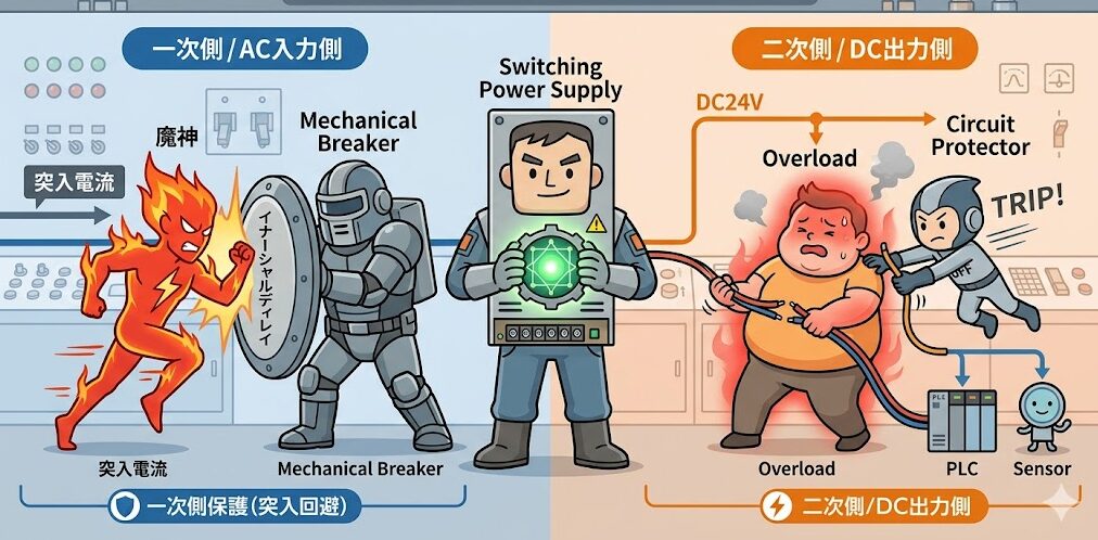 スイッチング電源を一次側の突入電流と二次側の過負荷から守る保護設計の概念図。突入電流を防ぐメカ式ブレーカーと、配線を守るサーキットプロテクタ（CP）の役割を擬人化して解説。