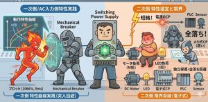 パワーサプライ保護の鉄則を図解したイラスト。左側は動作特性曲線を盾にして突入電流を防ぐ一次側のメカ式ブレーカー。右側は二次側の短絡（ショート）時に動作が遅れ、電源の全落ちを招いてしまうメカ式CPの限界と、それを解決する電子式CPの構成をコミカルなキャラクターで表現しています。