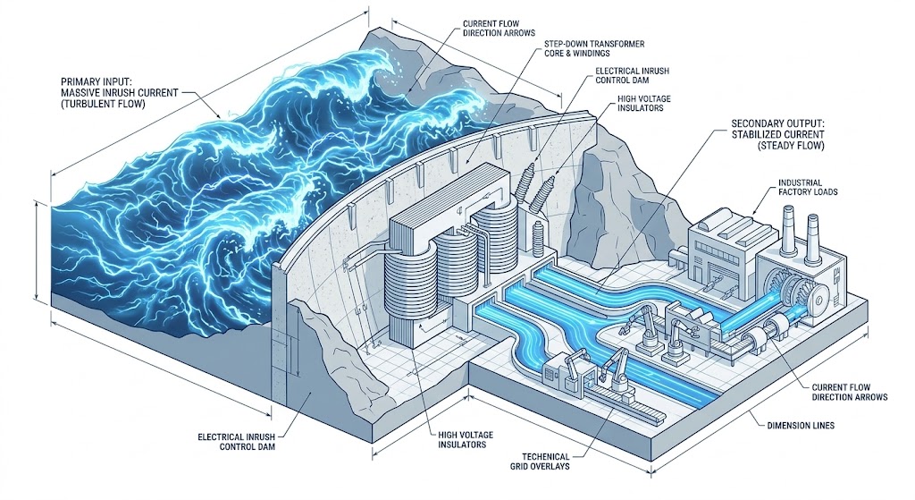 トランスの一次側突入電流と二次側の安定供給をダムに例えた概念図